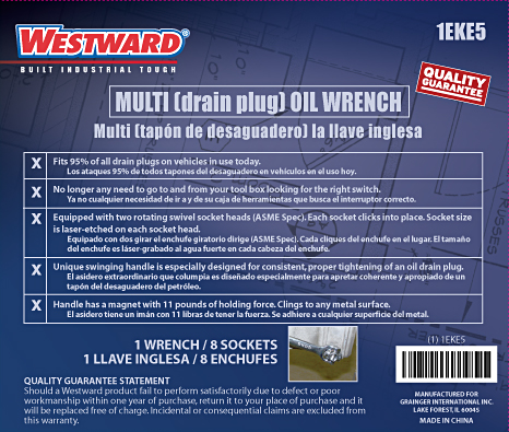 Multi Oil Wrench Label for Westward Tools